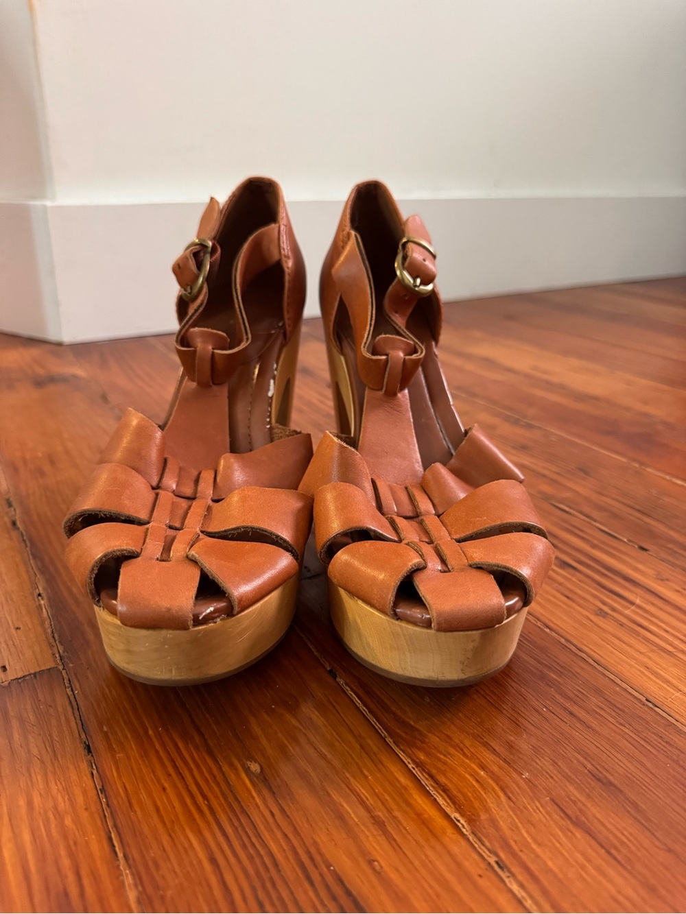 Madewell Tan Brown Leather Platform Heels with Woven Toe